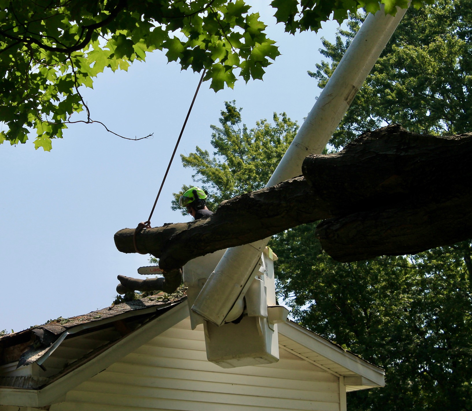 Wyatt Larson working on clearing hazardous branch over roof